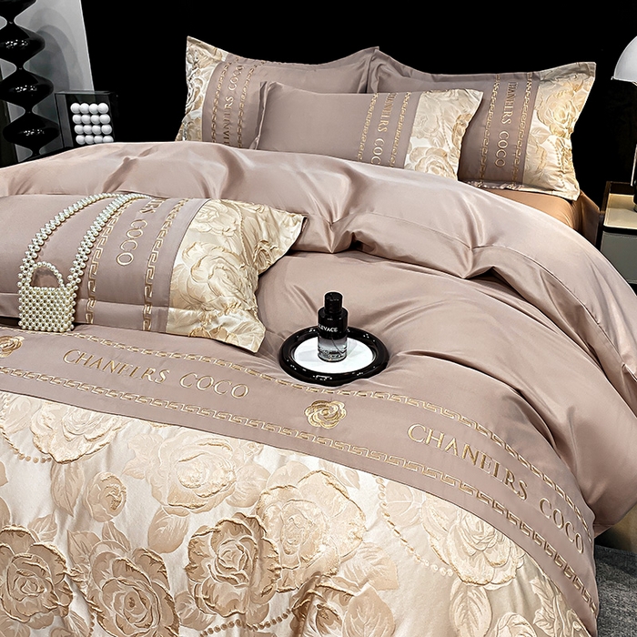 91家纺网 家纺一手货源 找家纺 富宁2025新款浮雕金丝提花刺绣四件套-恋花 麦穗咖