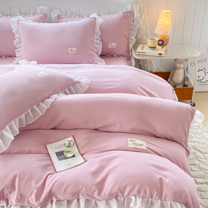 91家纺网 家纺一手货源 找家纺 红日子纺织品 2025新款韩版华夫格水洗棉四件套 蜜桃粉