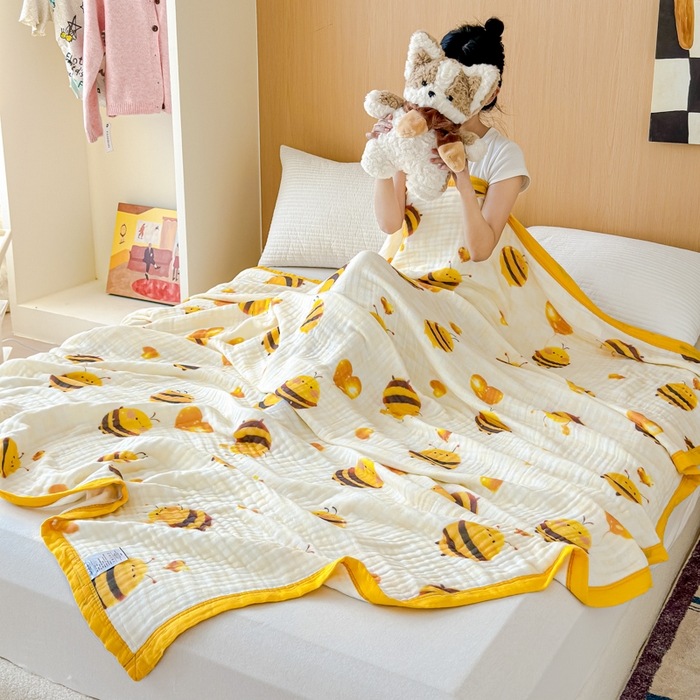 91家纺网 家纺一手货源 找家纺 乐家毛巾被2025新款全棉六层一体超柔泡泡纱多功能毯 小蜜蜂