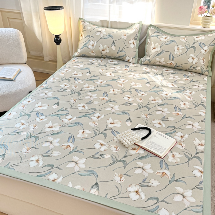 91家纺网 家纺一手货源 找家纺 绒艺席业 2025新款600D冰丝印花数码印花冰藤席赫本风系列 后花园