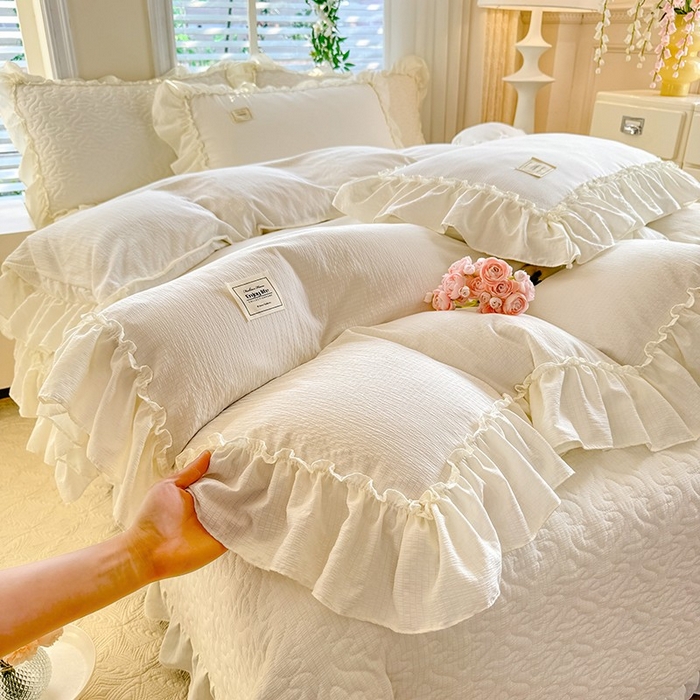 91家纺网 家纺一手货源 找家纺 花香四季家纺 2025新款泡芙小姐双层纱华夫格柔棉夹棉绗缝床盖单件三件四件套 泡芙小姐-米