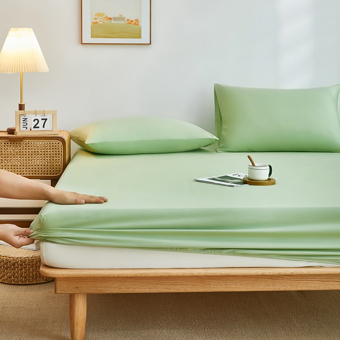 91家纺网 家纺一手货源 找家纺 艾橙家纺 2025新款正宗133x72喷气织造全棉纯棉纯色床笠三件套 抹茶绿