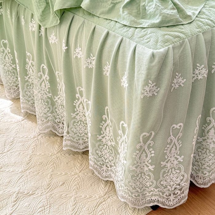 91家纺网 家纺一手货源 找家纺 花香四季家纺 2025新款夹棉绗缝床裙单件三件套法式四件套套件蕾丝公主风 绿色