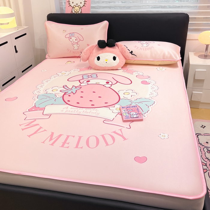 91家纺网 家纺一手货源 找家纺 暮思家居 2025新款正版授权A类大版数码印花三丽鸥可机洗1200D冰丝凉席可组合针织棉夏被四件套床笠款 床笠款-粉兔美乐蒂