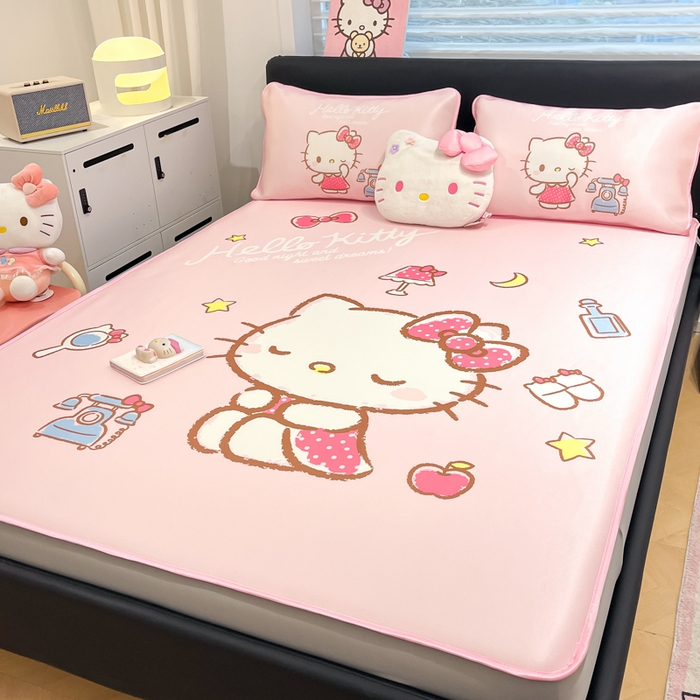 91家纺网 家纺一手货源 找家纺 暮思家居 2025新款正版授权A类大版数码印花三丽鸥可机洗1200D冰丝凉席可组合针织棉夏被四件套床笠款 床笠款-晚安KT