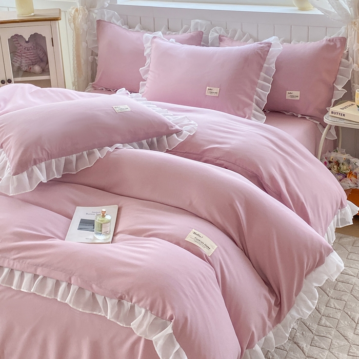 91家纺网 家纺一手货源 找家纺 红日子纺织品 2025新款韩版华夫格水洗棉四件套 蜜桃粉