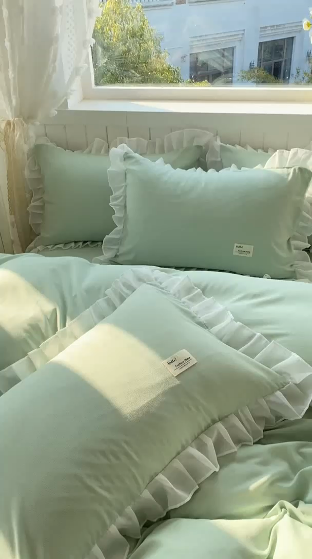 91家纺网 家纺一手货源 找家纺 红日子纺织品 2025新款韩版华夫格水洗棉四件套 亚麻绿