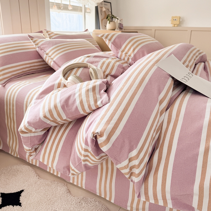 91家纺网 家纺一手货源 找家纺 2025新款全棉色织老粗布四件套 粉恋