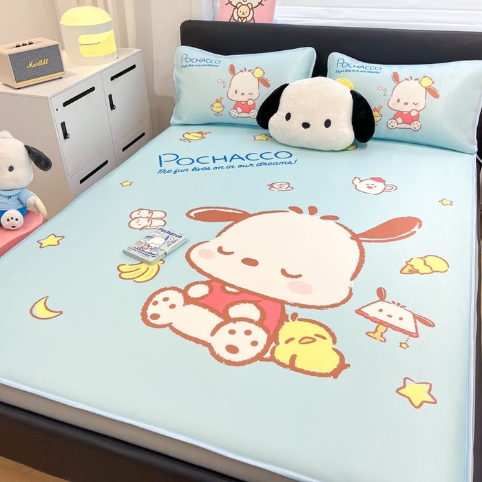 91家纺网 家纺一手货源 找家纺 暮思家居 2025新款正版授权A类大版数码印花三丽鸥可机洗1200D冰丝凉席可组合针织棉夏被四件套床笠款 床笠款-呆萌帕恰狗