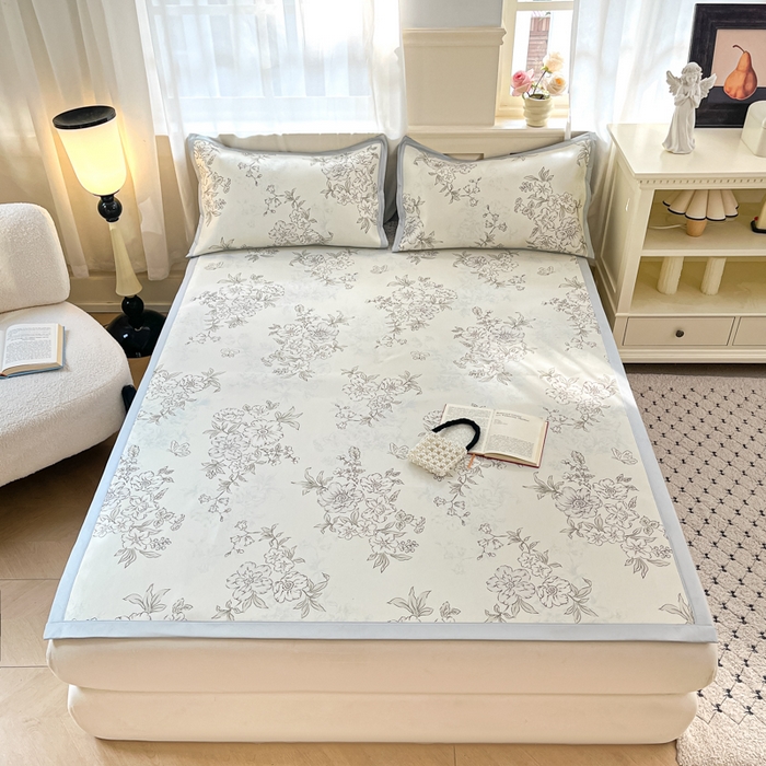 91家纺网 家纺一手货源 找家纺 绒艺席业 2025新款600D冰丝印花数码印花冰藤席赫本风系列 一杯清茶