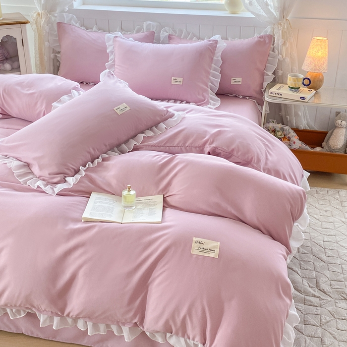 91家纺网 家纺一手货源 找家纺 红日子纺织品 2025新款韩版华夫格水洗棉四件套 蜜桃粉