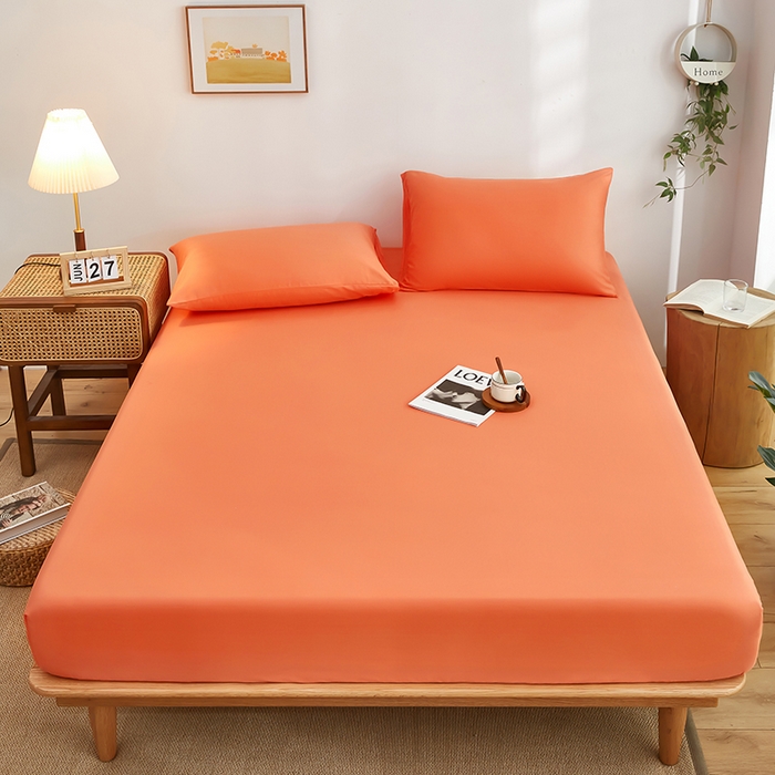 91家纺网 家纺一手货源 找家纺 艾橙家纺 2025新款正宗133x72喷气织造全棉纯棉纯色床笠三件套 桔色