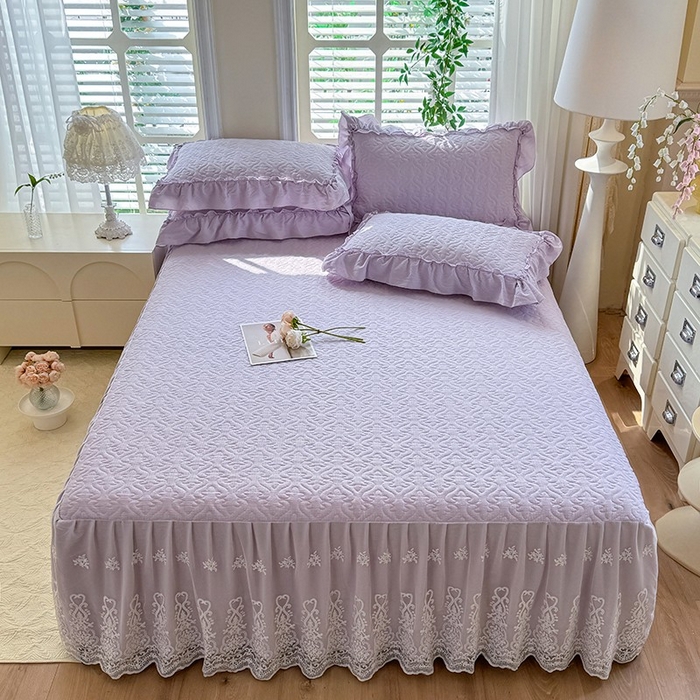 91家纺网 家纺一手货源 找家纺 花香四季家纺 2025新款夹棉绗缝床裙单件三件套法式四件套套件蕾丝公主风 紫色