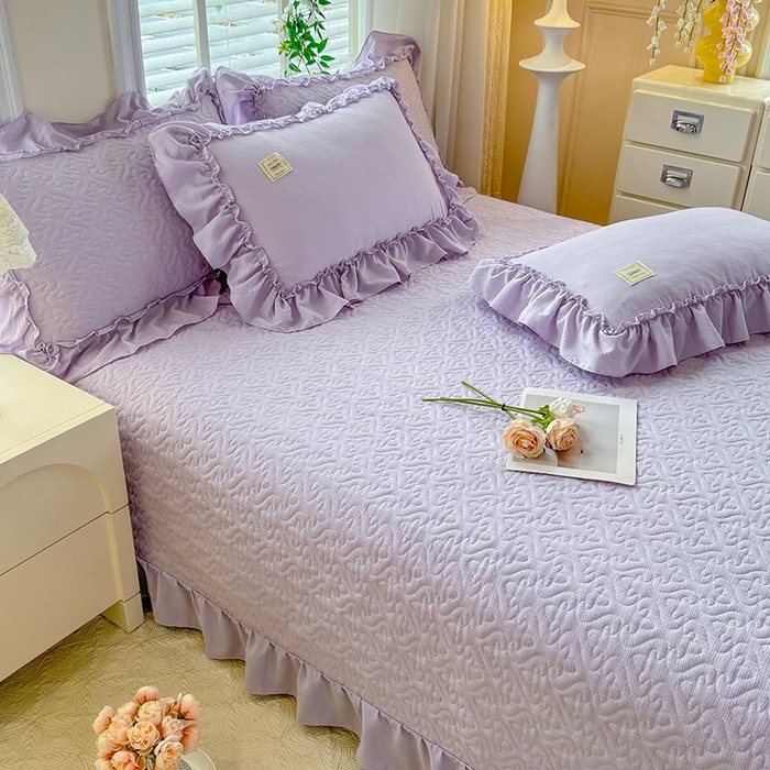 91家纺网 家纺一手货源 找家纺 花香四季家纺 2025新款泡芙小姐双层纱华夫格柔棉夹棉绗缝床盖单件三件四件套 泡芙小姐-紫