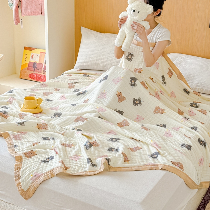 91家纺网 家纺一手货源 找家纺 乐家毛巾被2025新款全棉六层一体超柔泡泡纱多功能毯 泰迪熊