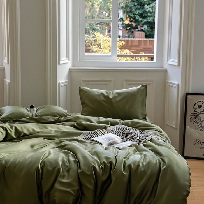 91家纺网 家纺一手货源 找家纺 2025新款60支兰精天丝轻奢纯色双拼四件套 欧芹绿