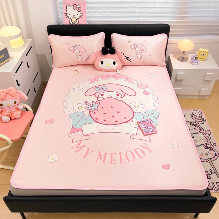 91家纺网 家纺一手货源 找家纺 暮思家居 2025新款正版授权A类大版数码印花三丽鸥可机洗1200D冰丝凉席可组合针织棉夏被四件套床笠款 床笠款-粉兔美乐蒂