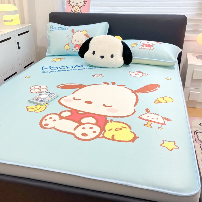 91家纺网 家纺一手货源 找家纺 暮思家居 2025新款正版授权A类大版数码印花三丽鸥可机洗1200D冰丝凉席可组合针织棉夏被四件套床笠款 床笠款-呆萌帕恰狗