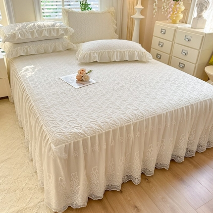 花香四季家纺 2025新款夹棉绗缝床裙单件三件套法式四件套套件蕾丝公主风 米色