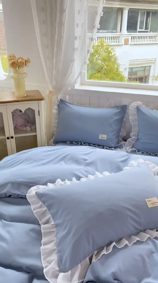 91家纺网 家纺一手货源 找家纺 红日子纺织品 2025新款韩版华夫格水洗棉四件套 冰峰蓝