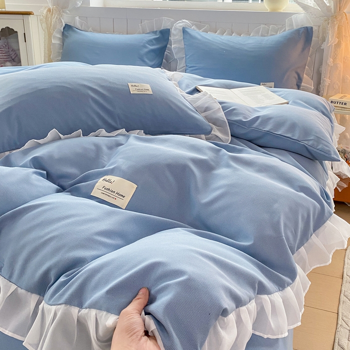 91家纺网 家纺一手货源 找家纺 红日子纺织品 2025新款韩版华夫格水洗棉四件套 冰峰蓝