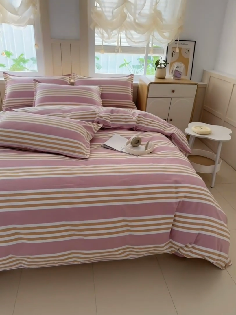 91家纺网 家纺一手货源 找家纺 2025新款全棉色织老粗布四件套 粉恋