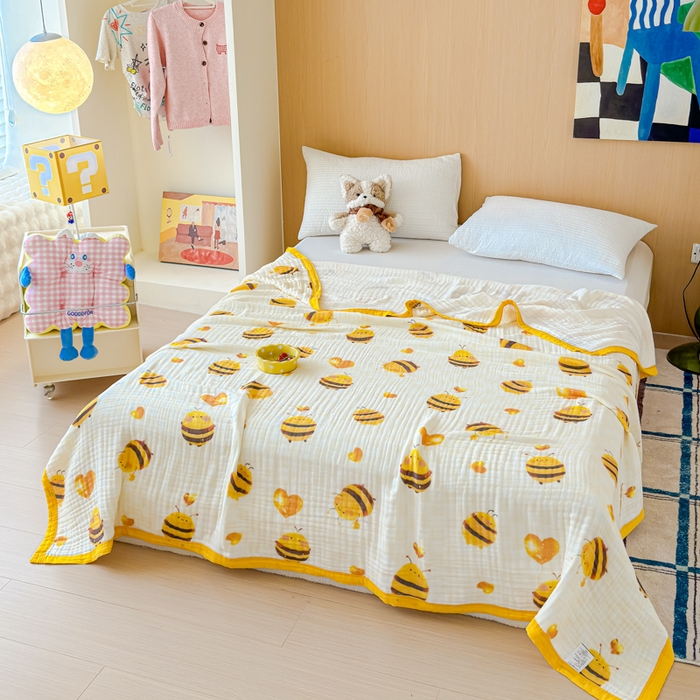 91家纺网 家纺一手货源 找家纺 乐家毛巾被2025新款全棉六层一体超柔泡泡纱多功能毯 小蜜蜂