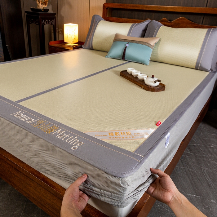 91家纺网 家纺一手货源 找家纺 卡罗兰 2025新款藤席凉席三件套床单床笠黄金藤系列 黄金藤香槟金-床笠