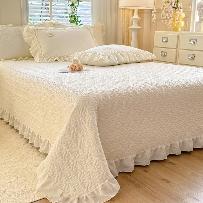 91家纺网 家纺一手货源 找家纺 花香四季家纺 2025新款泡芙小姐双层纱华夫格柔棉夹棉绗缝床盖单件三件四件套 泡芙小姐-米