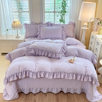 花香四季家纺 2025新款泡芙小姐双层纱华夫格柔棉夹棉绗缝床盖单件三件四件套 泡芙小姐-紫