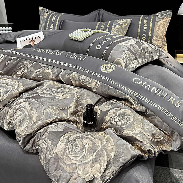 91家纺网 家纺一手货源 找家纺 富宁2025新款浮雕金丝提花刺绣四件套-恋花 曜石灰