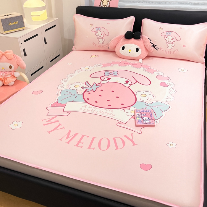 91家纺网 家纺一手货源 找家纺 暮思家居 2025新款正版授权A类大版数码印花三丽鸥可机洗1200D冰丝凉席可组合针织棉夏被四件套床笠款 床笠款-粉兔美乐蒂