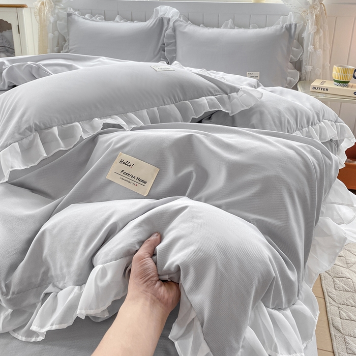 91家纺网 家纺一手货源 找家纺 红日子纺织品 2025新款韩版华夫格水洗棉四件套 绅士灰