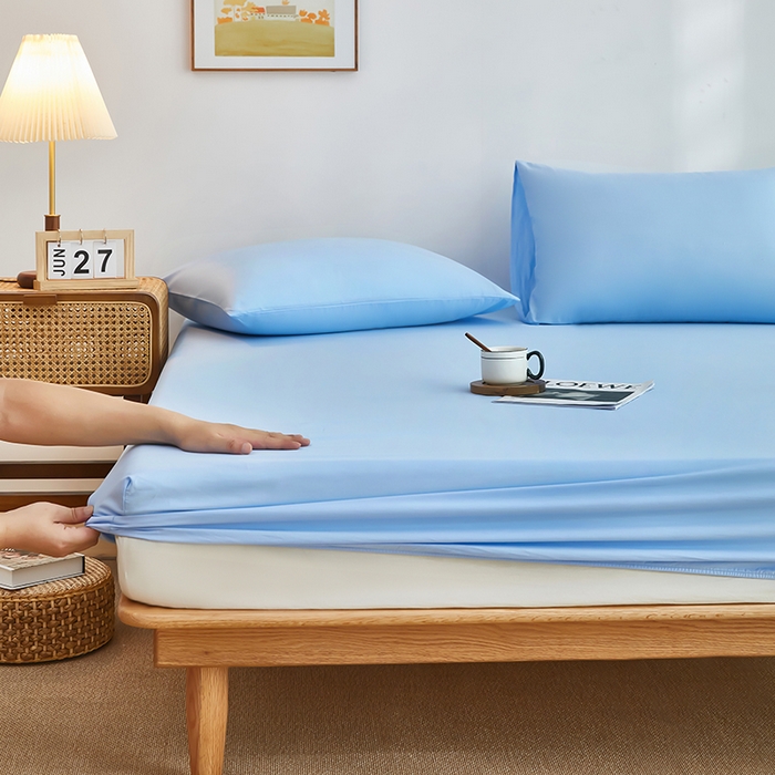 91家纺网 家纺一手货源 找家纺 艾橙家纺 2025新款正宗133x72喷气织造全棉纯棉纯色床笠三件套 天真蓝