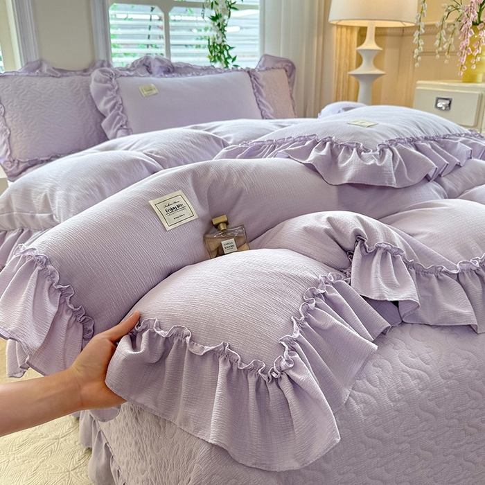 91家纺网 家纺一手货源 找家纺 花香四季家纺 2025新款泡芙小姐双层纱华夫格柔棉夹棉绗缝床盖单件三件四件套 泡芙小姐-紫