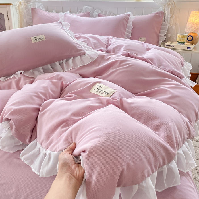 91家纺网 家纺一手货源 找家纺 红日子纺织品 2025新款韩版华夫格水洗棉四件套 蜜桃粉