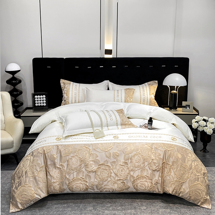 91家纺网 家纺一手货源 找家纺 富宁2025新款浮雕金丝提花刺绣四件套-恋花 清冷白