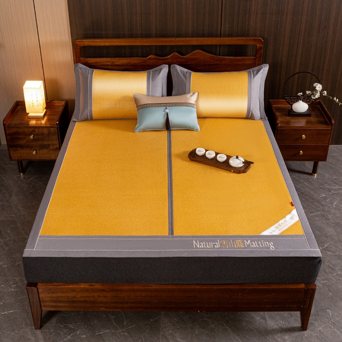 91家纺网 家纺一手货源 找家纺 卡罗兰 2025新款藤席凉席三件套床单床笠黄金藤系列 黄金藤小麦黄-床席