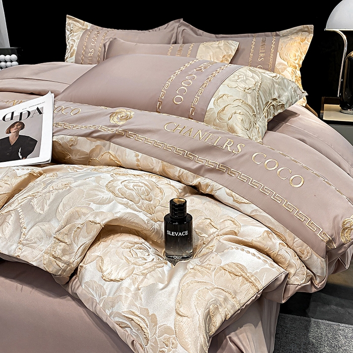 91家纺网 家纺一手货源 找家纺 富宁2025新款浮雕金丝提花刺绣四件套-恋花 麦穗咖