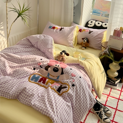 91家纺网 家纺一手货源 找家纺 （总）子钦2025新款云朵棉印加绣卡通毛巾绣四件套-飞行狗系列