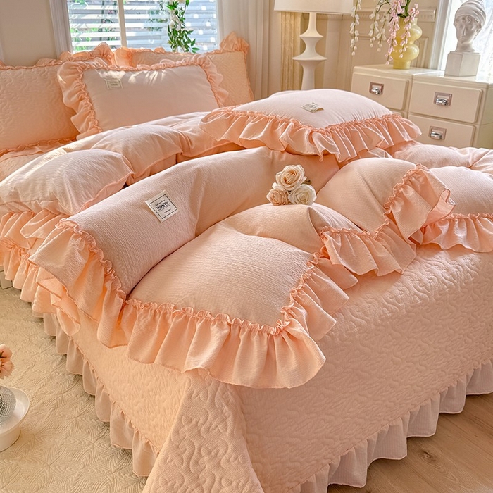 91家纺网 家纺一手货源 找家纺 花香四季家纺 2025新款泡芙小姐双层纱华夫格柔棉夹棉绗缝床盖单件三件四件套 泡芙小姐-玉