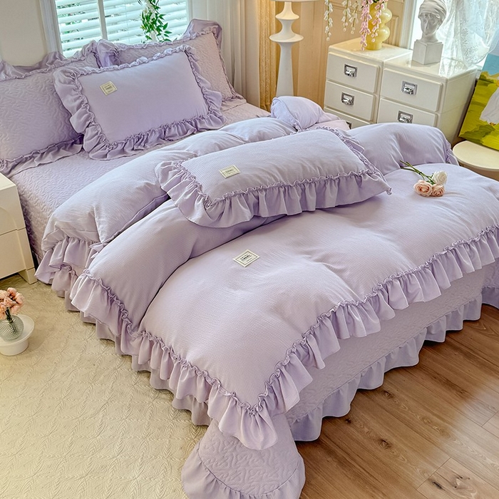 91家纺网 家纺一手货源 找家纺 花香四季家纺 2025新款泡芙小姐双层纱华夫格柔棉夹棉绗缝床盖单件三件四件套 泡芙小姐-紫