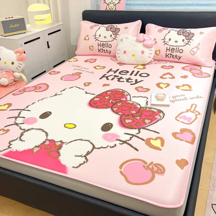 91家纺网 家纺一手货源 找家纺 暮思家居 2025新款正版授权A类大版数码印花三丽鸥可机洗1200D冰丝凉席可组合针织棉夏被四件套床笠款 床笠款-豹纹KT猫