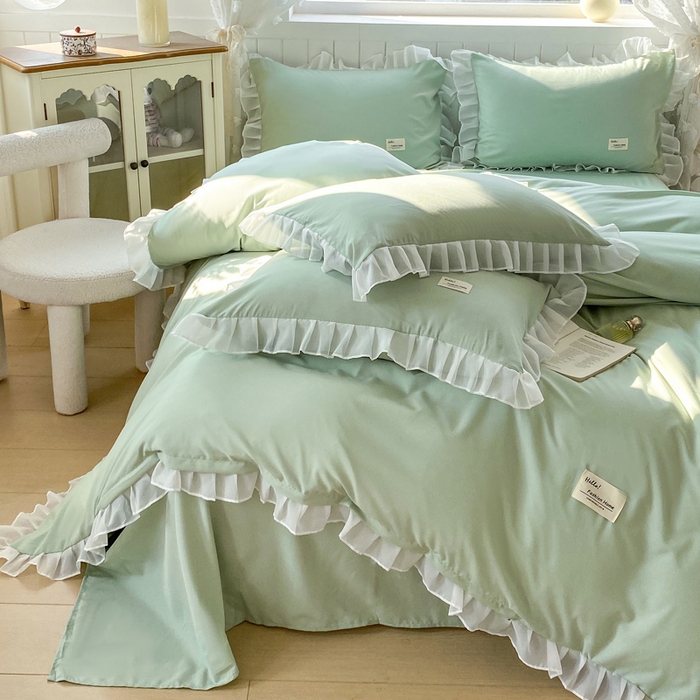 91家纺网 家纺一手货源 找家纺 红日子纺织品 2025新款韩版华夫格水洗棉四件套 亚麻绿