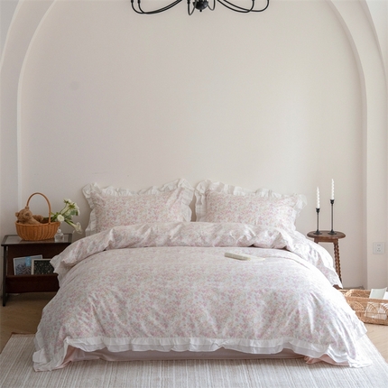 91家纺网 家纺一手货源 找家纺 （总）尺素 2025新款全棉碎花韩式花边款纯棉四件套纯色加大床单1.8床笠法式大花边被套枕套