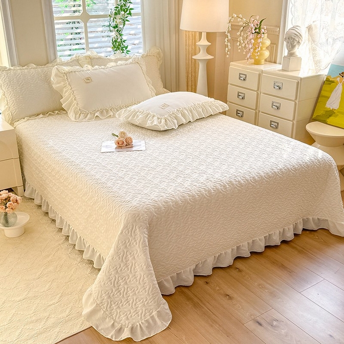 91家纺网 家纺一手货源 找家纺 花香四季家纺 2025新款泡芙小姐双层纱华夫格柔棉夹棉绗缝床盖单件三件四件套 泡芙小姐-米