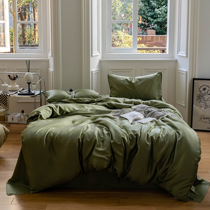 91家纺网 家纺一手货源 找家纺 2025新款60支兰精天丝轻奢纯色双拼四件套 欧芹绿