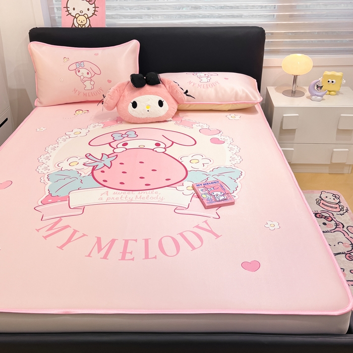 91家纺网 家纺一手货源 找家纺 暮思家居 2025新款正版授权A类大版数码印花三丽鸥可机洗1200D冰丝凉席可组合针织棉夏被四件套床笠款 床笠款-粉兔美乐蒂