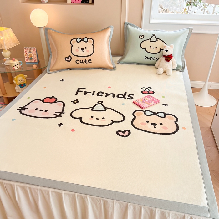 91家纺网 家纺一手货源 找家纺 慕尚2025新款大板卡通冰丝席三件套 3个好朋友