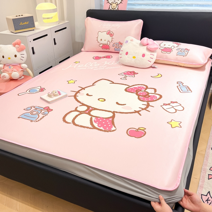 91家纺网 家纺一手货源 找家纺 暮思家居 2025新款正版授权A类大版数码印花三丽鸥可机洗1200D冰丝凉席可组合针织棉夏被四件套床笠款 床笠款-晚安KT